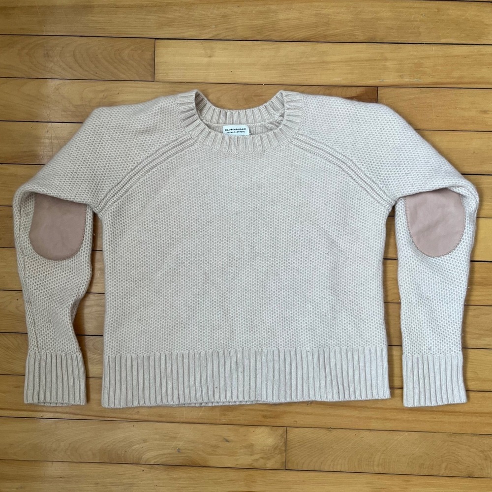 Club Monaco Italian Cashmere Sweater Cream Leather Elbow Patches Waffle Knit